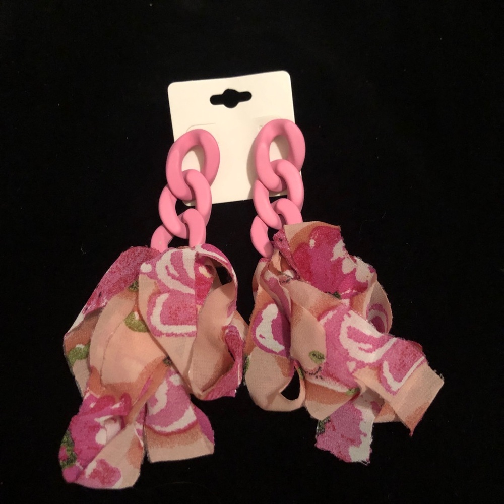 Pink Chain Link and Floral Lightweight Fabric Earrings